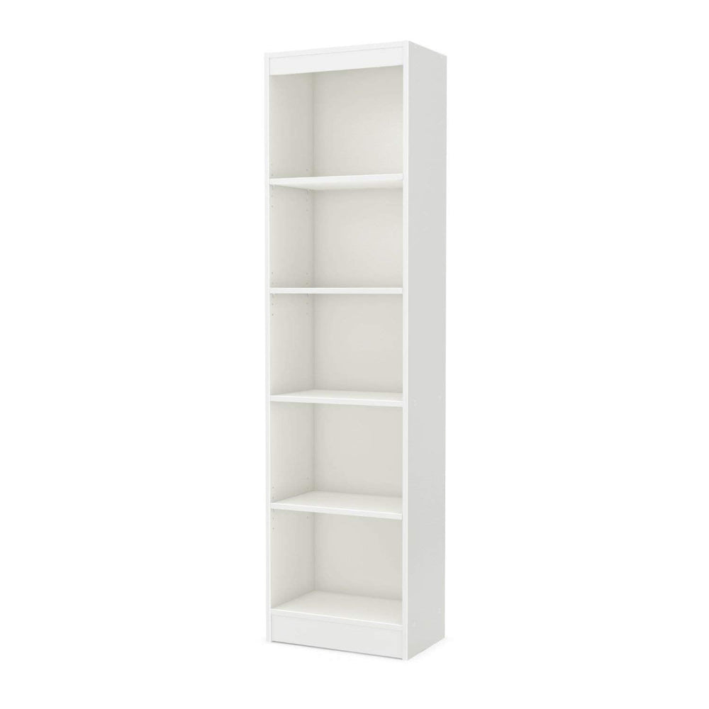 A minimalist white bookcase featuring several shelves on a white backdrop.