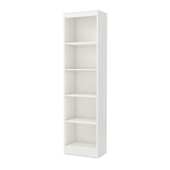 A minimalist white bookcase featuring several shelves on a white backdrop.