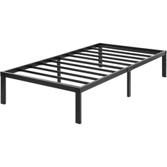 A black metal bed frame featuring horizontal slats for support and a modern design aesthetic.