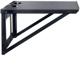 A black shelf supported by a metal frame, showcasing two holes for installation or airflow.