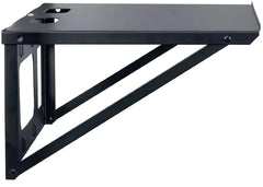 A black shelf supported by a metal frame, showcasing two holes for installation or airflow.