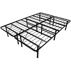 A black metal bed frame featuring a sturdy design with four legs for support.