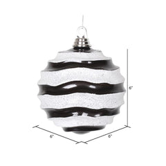 6 Inch Christmas Ornament Wave Ball, Black and White Stripe Candy Finish with Glitter Accents, Shatterproof Plastic, Holiday Christmas Tree Decoration
