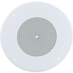 A circular white speaker with perforations on the front for audio projection.