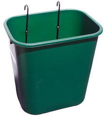 A green plastic trash can equipped with two side hooks for convenient storage or hanging purposes.