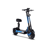 A blue-seated electric scooter with black wheels, displayed against a neutral background.