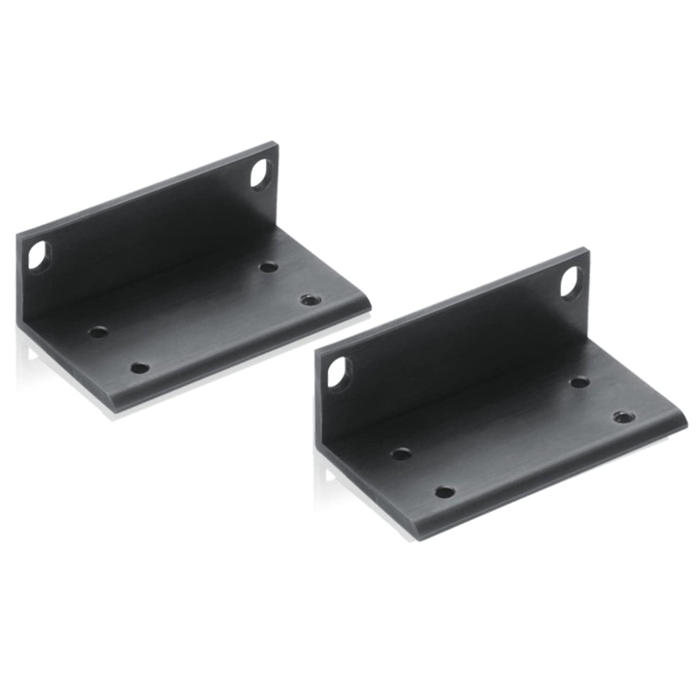 A pair of black metal brackets intended for computer mounting.