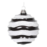6 Inch Christmas Ornament Wave Ball, Black and White Stripe Candy Finish with Glitter Accents, Shatterproof Plastic, Holiday Christmas Tree Decoration