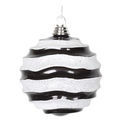 6 Inch Christmas Ornament Wave Ball, Black and White Stripe Candy Finish with Glitter Accents, Shatterproof Plastic, Holiday Christmas Tree Decoration