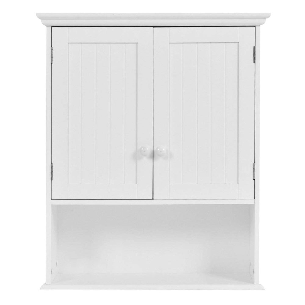 A white bathroom cabinet featuring two doors, designed for storage and organization in a bathroom setting.