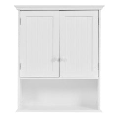 A white bathroom cabinet featuring two doors, designed for storage and organization in a bathroom setting.