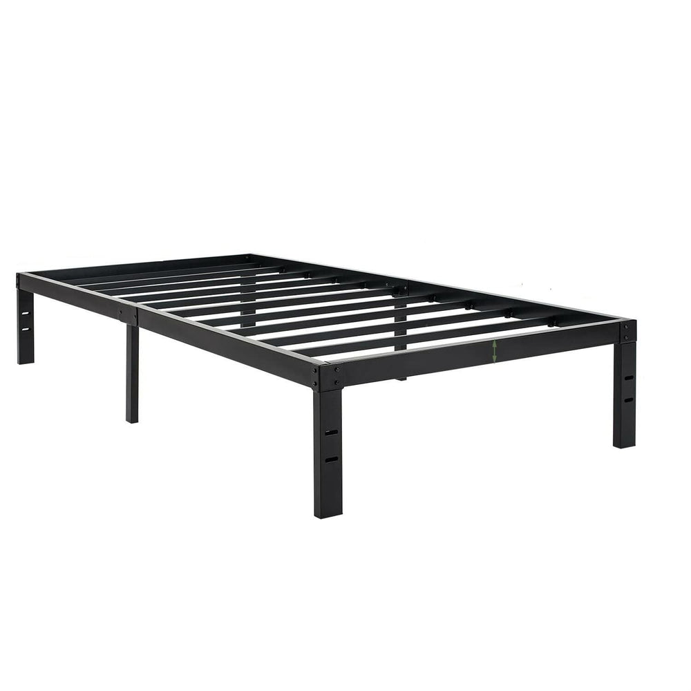 A modern metal bed frame with a robust structure and durable metal legs.