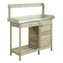 Fast Furnishings Natural Fir Wood Potting Bench w/ Galvanized Steel Top