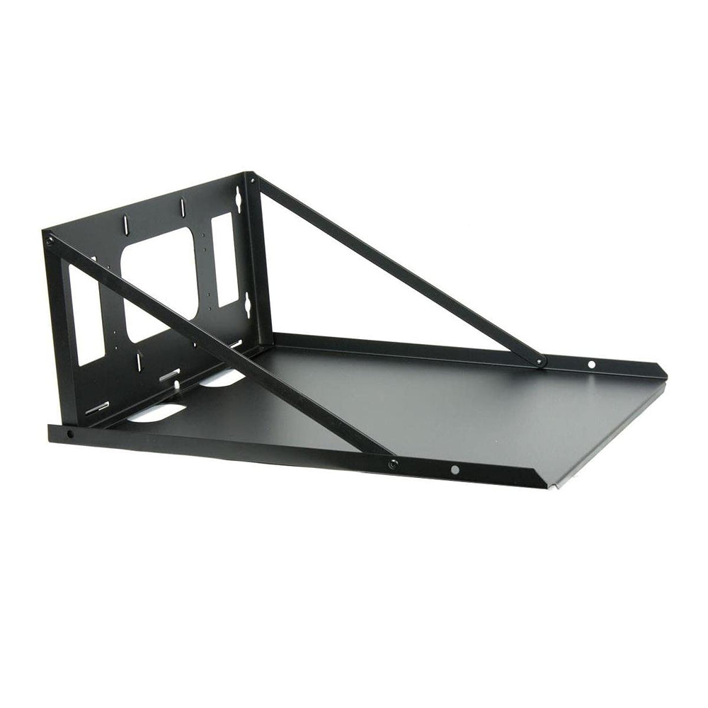 A black metal shelf with two holes, designed for easy installation or airflow.