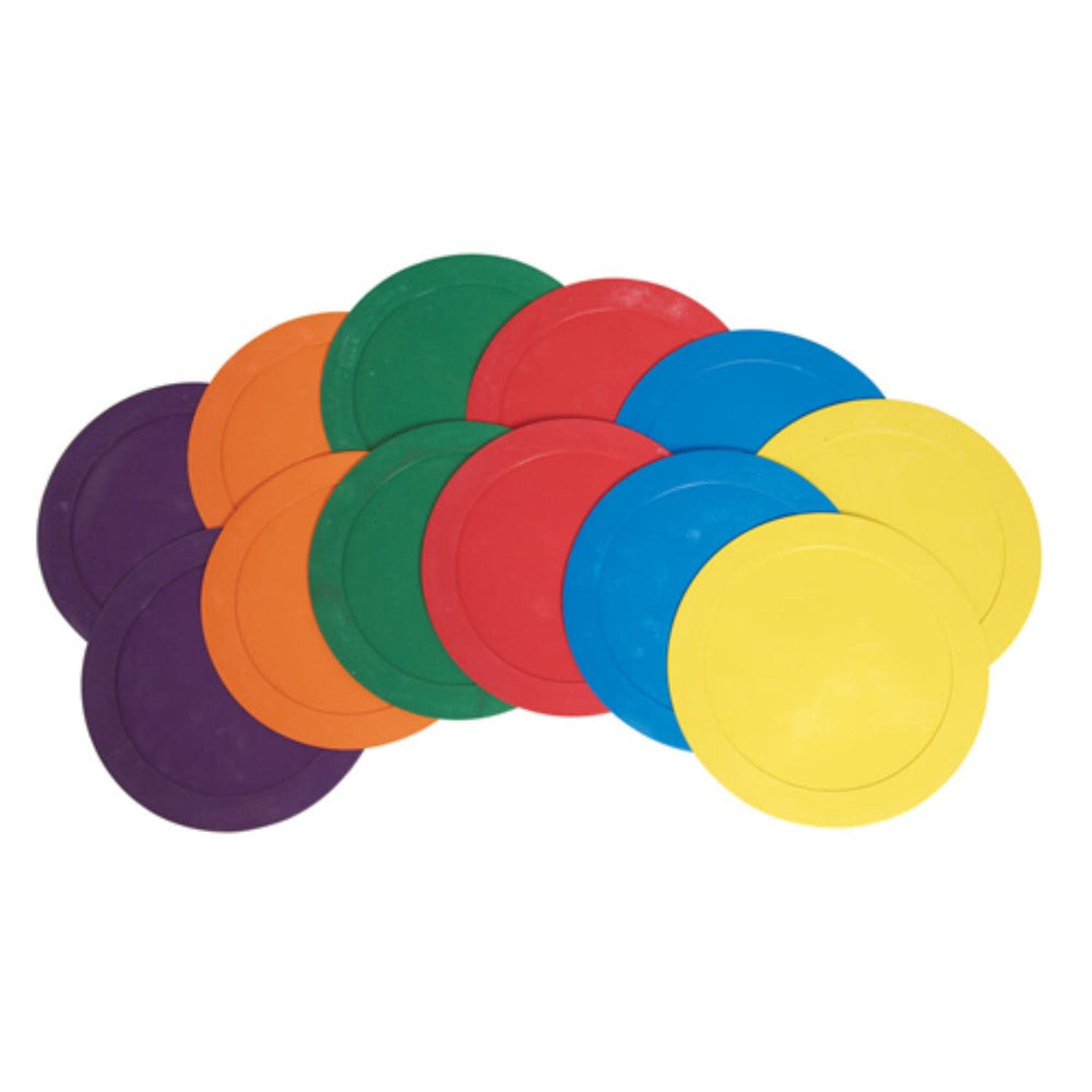 Six vibrant colored discs displayed against a white backdrop.
