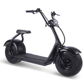 An electric scooter featuring a sleek black frame and matching black tires, positioned on a flat surface.