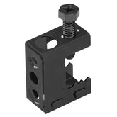 A black metal clamp with an adjustable screw and nut, used for fastening materials securely.