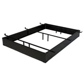 A sleek black metal bed frame with four horizontal metal bars for added stability.