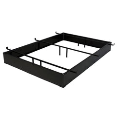 A sleek black metal bed frame with four horizontal metal bars for added stability.
