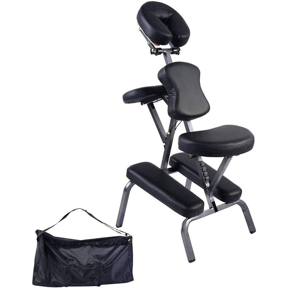 A black massage chair accompanied by a bag and a footrest, designed for relaxation and comfort.