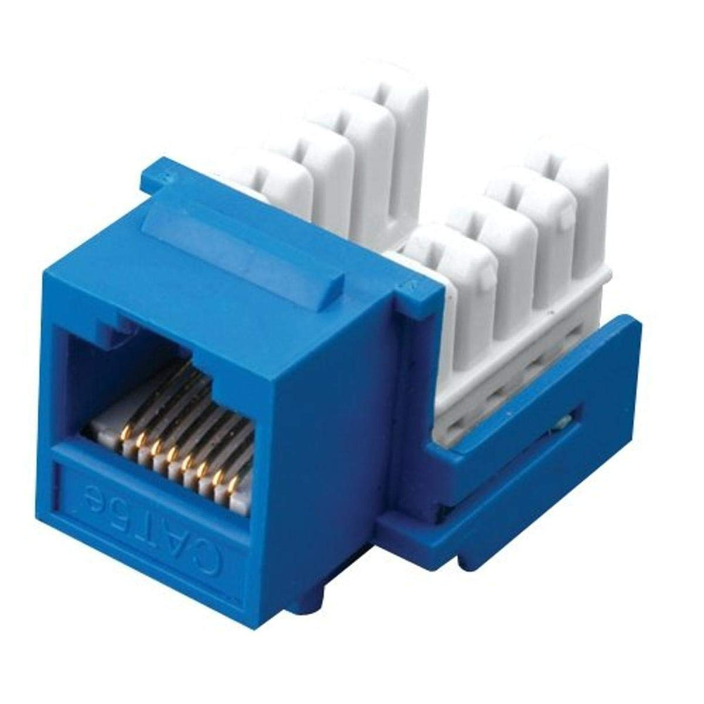 A blue RJ45 connector with four white wires visible inside, typically used for network connections.