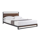 A stylish bed with a metal frame and a classic wooden headboard design.