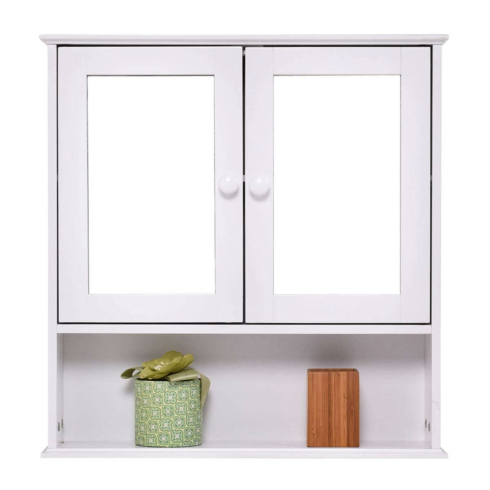 A white cabinet with two doors and a shelf, designed for bathroom use.