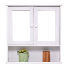 A white cabinet with two doors and a shelf, designed for bathroom use.