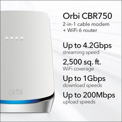 Orbi Tri-Band WiFi 6 Router with DOCSIS 3.1 Built-in Cable Modem (CBR750) ??Cable Modem Router - Covers up to 2,500 sq. ft. 40+ Devices - AX4200 (up to 4.2Gbps)