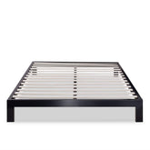 A stylish black metal bed frame adorned with white slats, highlighting a clean and modern look.