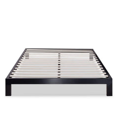 A stylish black metal bed frame adorned with white slats, highlighting a clean and modern look.
