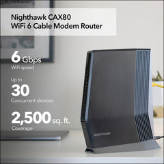 Nighthawk Cable Modem and WiFi 6 Router Combo (CAX80) - Compatible with All Major Cable Providers incl. Xfinity, Spectrum, Cox - Cable Plans up to 6Gbps - AX6000 WiFi 6 Speed - DOCSIS 3.1