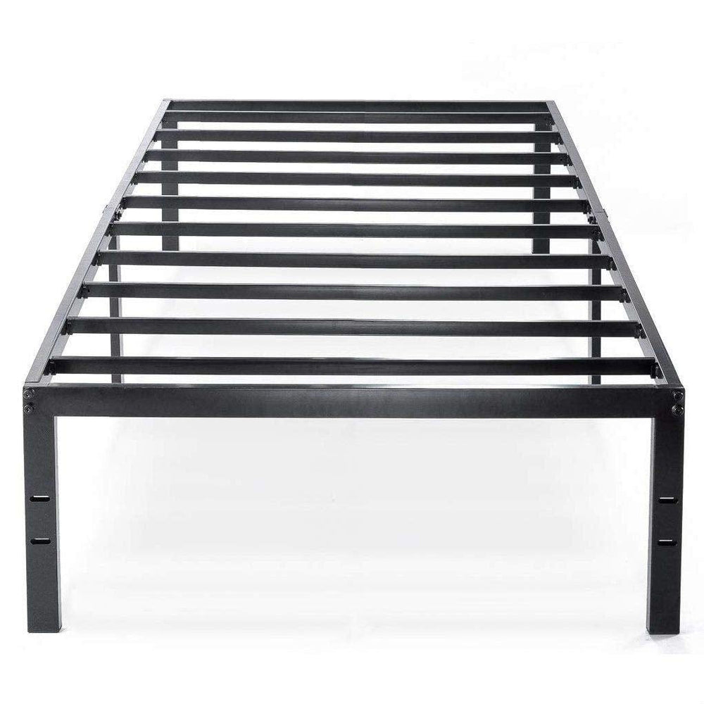 A sturdy metal bed frame with elegant black slats, suitable for contemporary interior design.