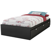 A bed featuring a sturdy frame and built-in drawers for additional storage beneath the mattress.