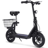 A side view of an electric scooter equipped with a rear basket for storage.