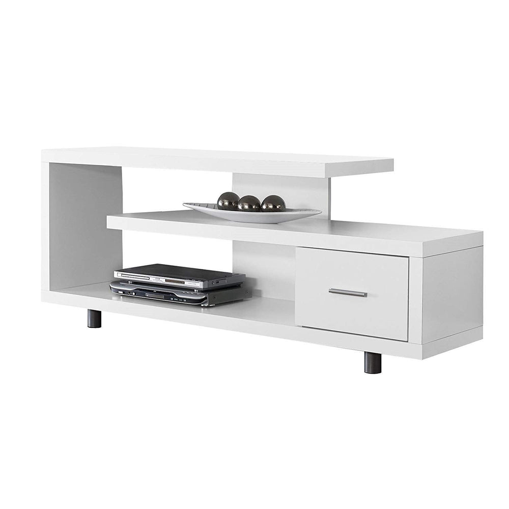 A sleek white entertainment center with a shelf above and two drawers below for organization.