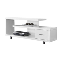 A sleek white entertainment center with a shelf above and two drawers below for organization.