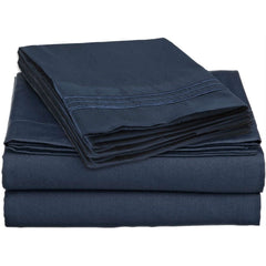 A pile of navy blue sheets with a smooth, folded edge, arranged neatly.