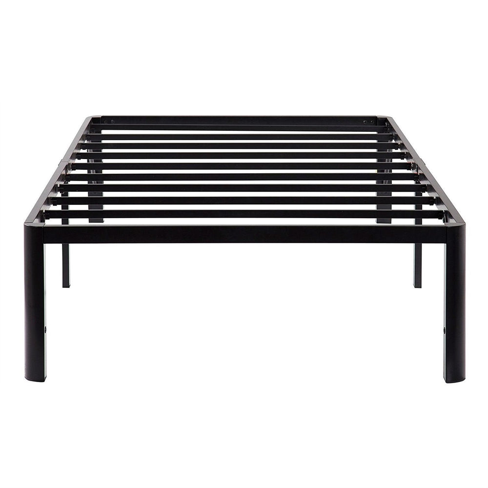 A black metal bed frame featuring slats, designed for support and style in a modern bedroom setting.