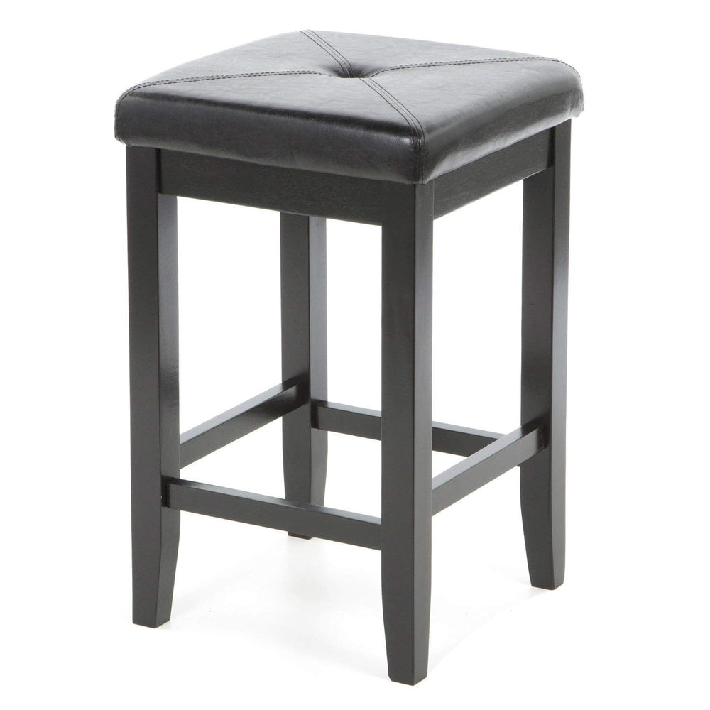 A black stool featuring a sleek leather seat, designed for comfort and modern aesthetics.