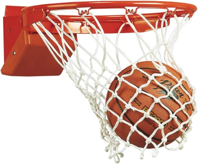 A basketball sits in the net of a basketball hoop, indicating a point scored during a game.