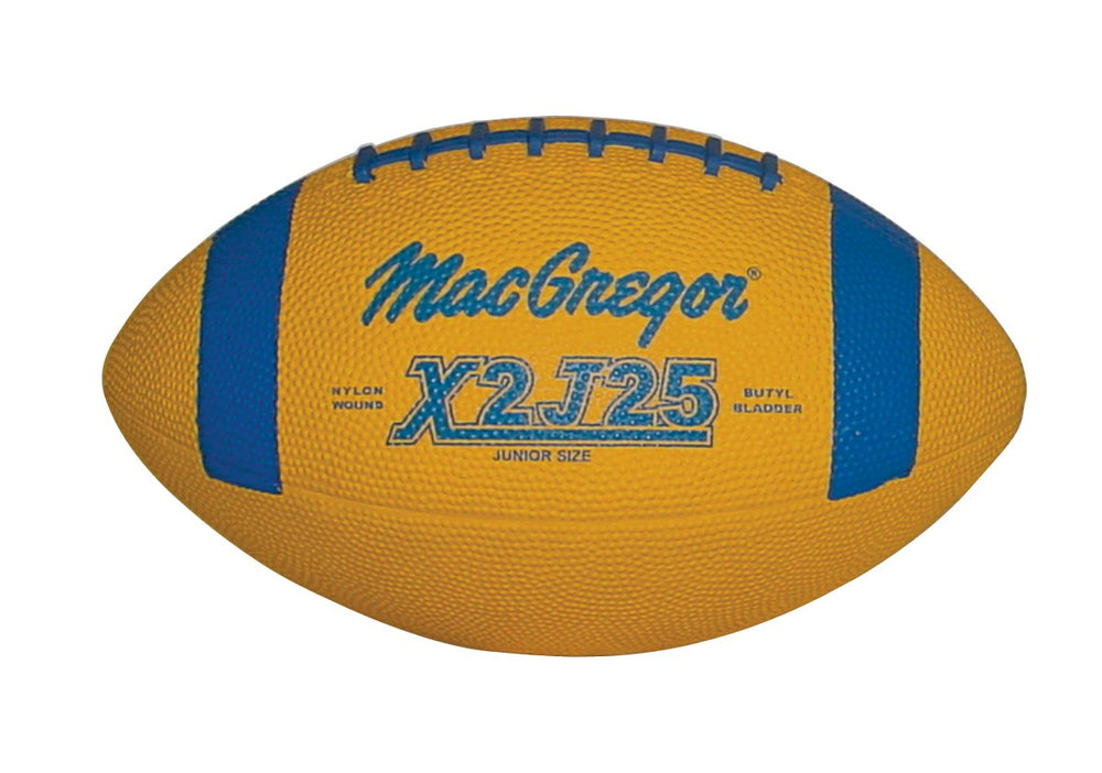 A yellow and blue football featuring the text mscrapon x - 12 prominently displayed on its surface.