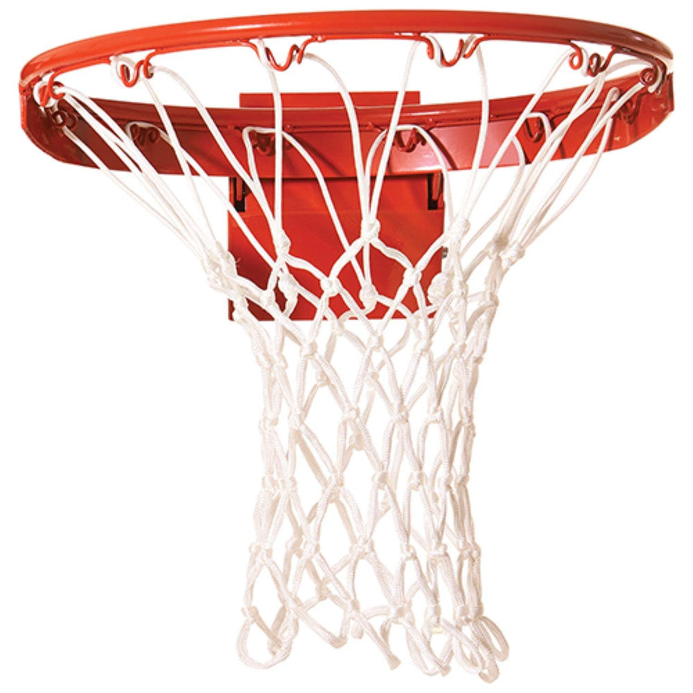 A basketball hoop featuring a net, set on a clean white background.