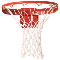 A basketball hoop featuring a net, set on a clean white background.