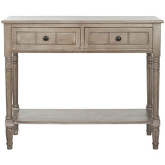 A wooden console table with two functional drawers for added storage.