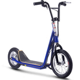 A blue scooter with a sleek black frame and black wheels, displayed against a neutral background.
