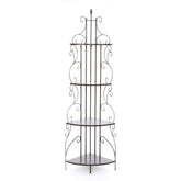 A decorative three-tiered shelf with a stylish wrought iron framework, ideal for displaying items or plants.