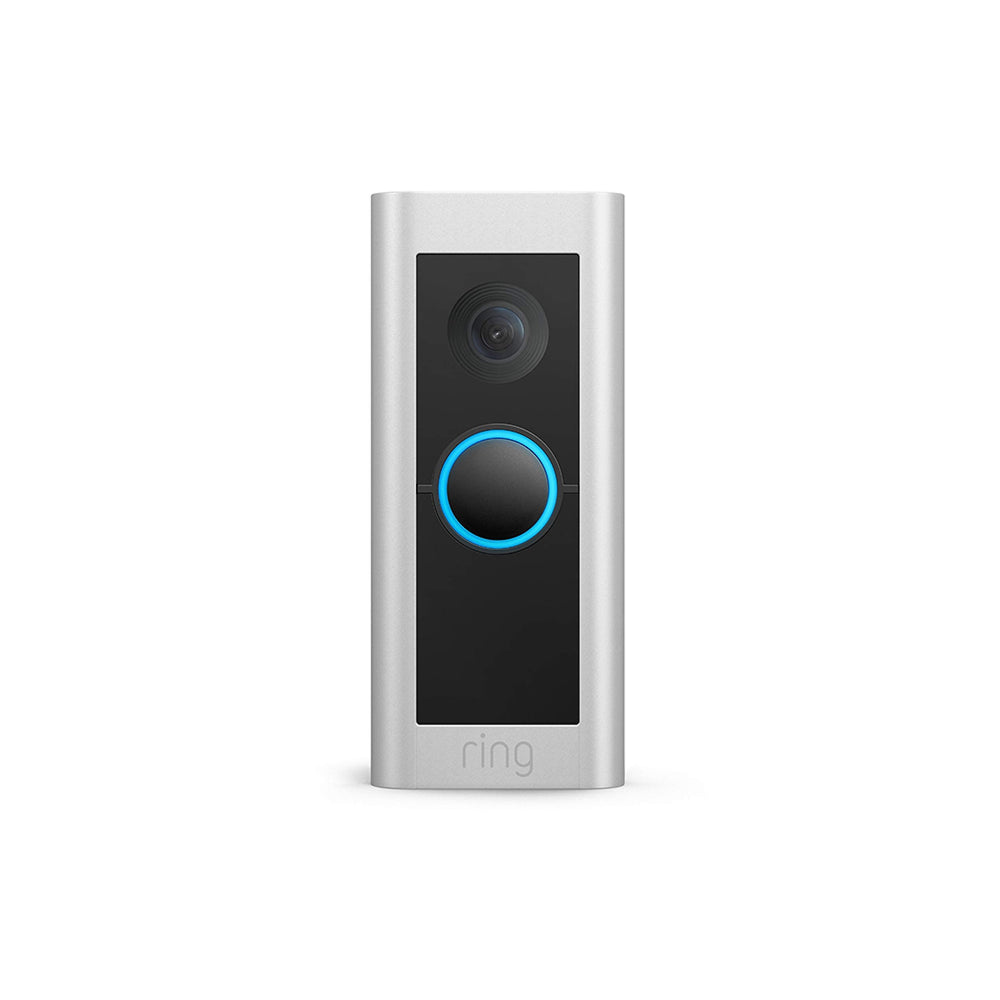 A close-up of a Ring video doorbell, showcasing its camera lens and sleek design for home security.