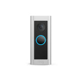 A close-up of a Ring video doorbell, showcasing its camera lens and sleek design for home security.