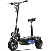 A blue and black electric scooter parked on a sidewalk, showcasing its sleek design and modern features.